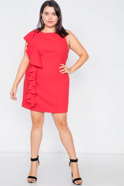 Plus Size Lovely Ladies 100% Polyester Blend Frill Sleeve Trim Stretchy Hidden Back Zipper Mini Dress (Flame Red)