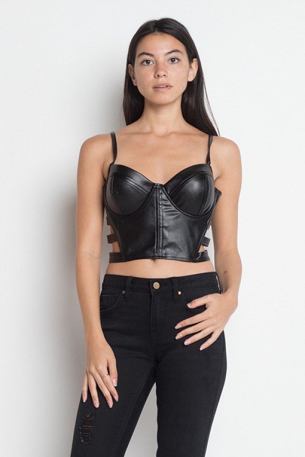 Our Best 100% Polyester #Strappy Ladder Cutouts Detail Black Faux Leather Bustier Cami Crop Top (Black)