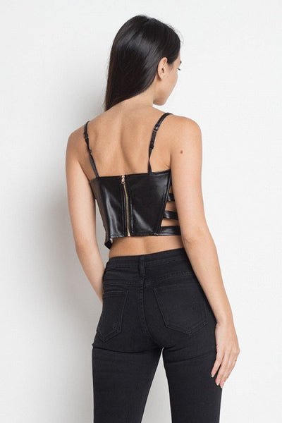 Our Best 100% Polyester #Strappy Ladder Cutouts Detail Black Faux Leather Bustier Cami Crop Top (Black)