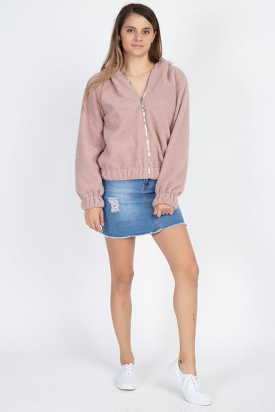 Dianna Deanna 100% Polyester Dusty Blush Long Sleeve Faux Fur Zip-Up Drawstring Hooded Jacket