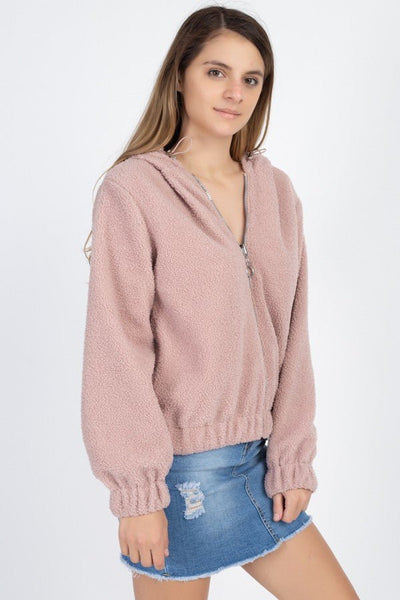 Dianna Deanna 100% Polyester Dusty Blush Long Sleeve Faux Fur Zip-Up Drawstring Hooded Jacket