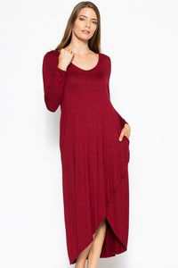 Plus Size Lovely Ladies Polyester Blend Solid Color Long Sleeves Round-Neck  Asymmetrical Hem Detail Maxi Dress (Burgundy)
