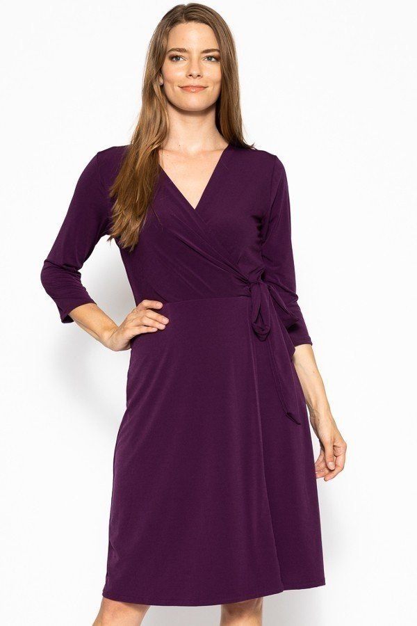 Plus Size Lovely Ladies Polyester Blend Made In U.S.A. 3/4 Sleeve Overlapping V-neckline Belted Waist Midi Dress (Eggplant)