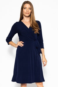 Plus Size Lovely Ladies Polyester Blend Made In U.S.A. 3/4 Sleeve Overlapping V-neckline Belted Waist Midi Dress (Navy)