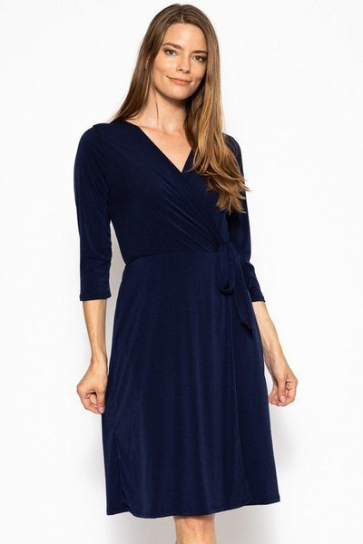 Plus Size Lovely Ladies Polyester Blend Made In U.S.A. 3/4 Sleeve Overlapping V-neckline Belted Waist Midi Dress (Navy)