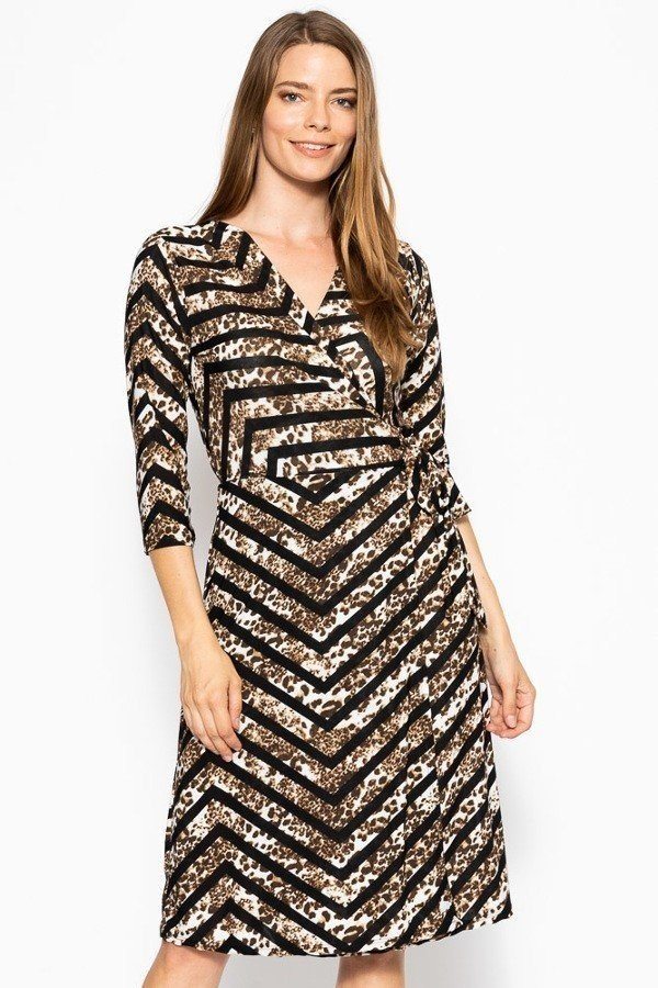 Plus Size Lovely Ladies Made In U.S.A. Polyester Blend A-line Relaxed Fit V-neck Wrapped Style Short Sleeves Midi Dress (Leopard)