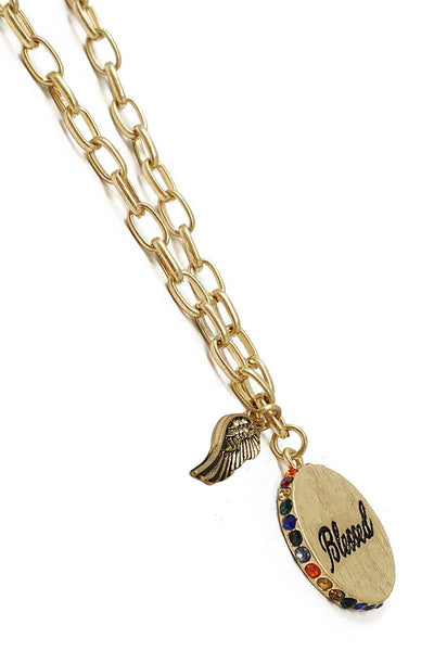 Fashion Side Rhinestone Circle Blessed Pendant And Wing Necklace