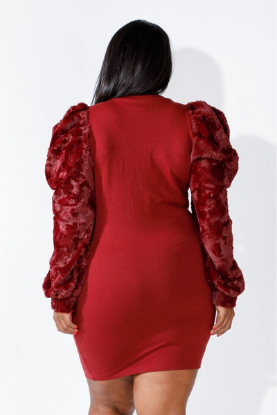 Plus Size Lovely Ladies 96% Polyester 4% Spandex Faux Fur Power Shoulder Jersey Knit Fabric Mini Dress (Burgundy)