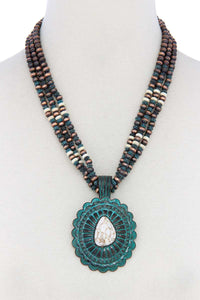 Western Concho Pendant Beaded Necklace (White/Turquoise)