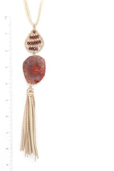 Teardrop Shape Beaded Stone Tassel Pendant Necklace