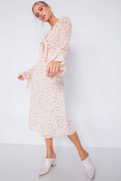Caitlin In The Country 100% Polyester Chinced Tiered Puff Sleeve V-neck Detail All Over Floral Pattern Boho Vintage Midi Dress (Ivory)