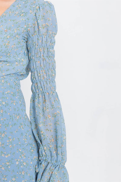 Caitlin In The Country 100% Polyester Cinched Tiered Puff Sleeve V-neck Detail Floral Embellished Vintage Boho Midi Dress (Blue Sky)