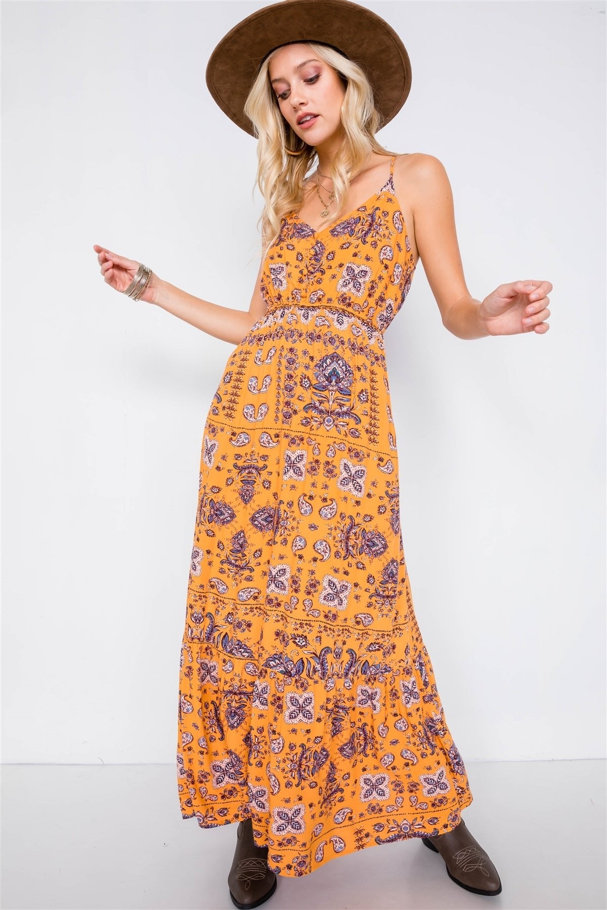 Caitlin In The Country 100% Rayon Multi-Floral Print V-neck Cami Straps Detail Boho Maxi Dress (Mustard)