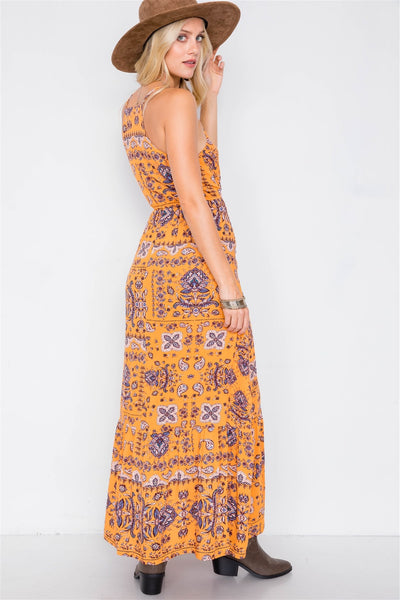 Caitlin In The Country 100% Rayon Multi-Floral Print V-neck Cami Straps Detail Boho Maxi Dress (Mustard)