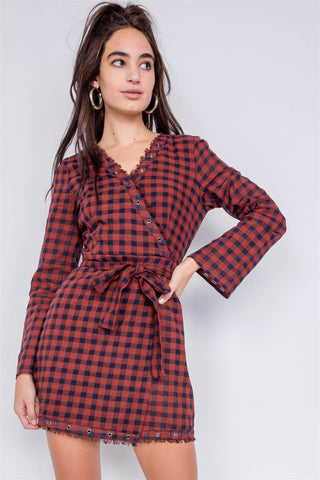 Gretta Griselda 100% Cotton Blue Plaid Stripes Checkered V-neckline & Raw Hem Grommet Detail Sash Tie Waist Mini Dress (Burgundy)