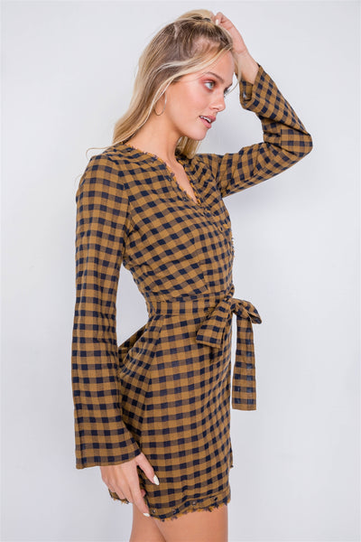 Gretta Griselda 100% Cotton Blue Plaid Stripes Checkered V-neckline & Raw Hem Grommet Detail Sash Tie Waist Mini Dress (Mustard)
