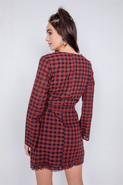 Gretta Griselda 100% Cotton Blue Plaid Stripes Checkered V-neckline & Raw Hem Grommet Detail Sash Tie Waist Mini Dress (Burgundy)