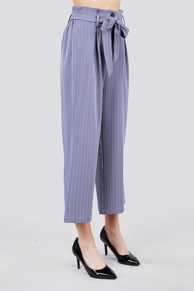 Pippa Paper Bag 100% Polyester Button Down Paperbag Cullote Stripe Pants (Blue)