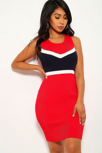 Cassie Classie Polyester Blend Color Block, Sleeveless, Two-tone Red Stripe Dress
