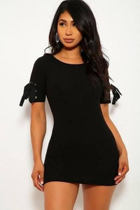 Our Best 96% Polyester 4% Spandex Solid Wide Rib Knit Scoop Neckline Short Sleeves Mini Dress (Black)