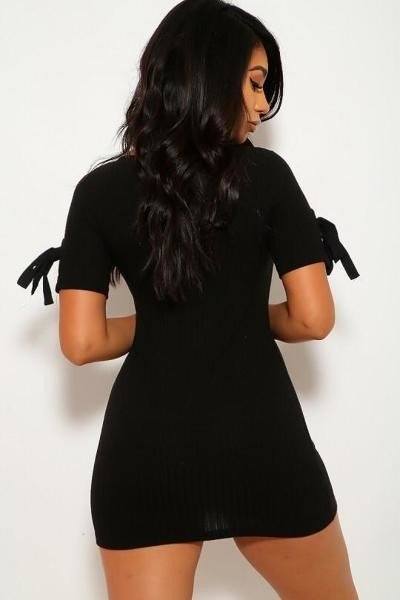 Our Best 96% Polyester 4% Spandex Solid Wide Rib Knit Scoop Neckline Short Sleeves Mini Dress (Black)