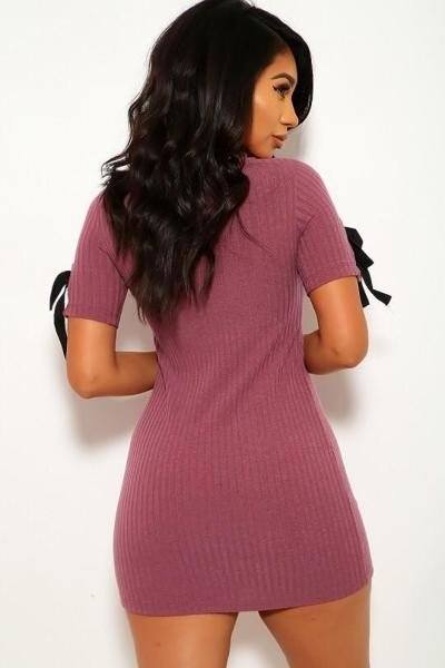 Our Best 96% Polyester 4% Spandex Solid Wide Rib Knit Scoop Neckline Short Sleeves Mini Dress (Mauve)
