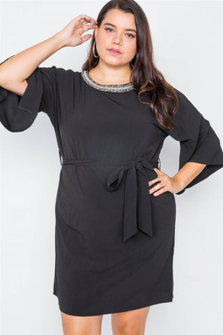 Plus Size Lovely Ladies 95% Polyester 5% Spandex Basic Bodycon Waist Sash Tie Unlined Mini Dress (Black)