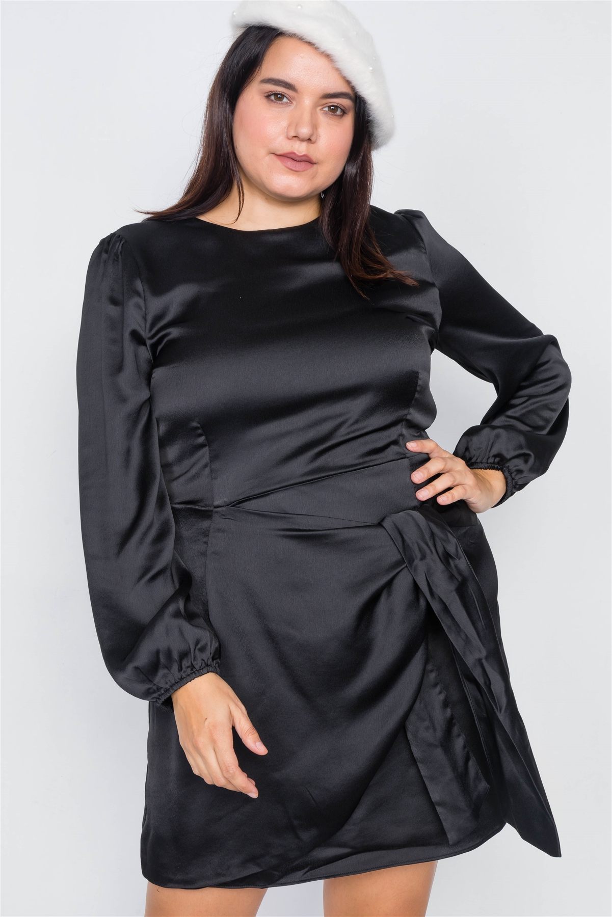 Plus Size Lovely Ladies 100% Polyester Black Silk Mock Wrap Square Neck Long Sleeve Mini Dress (Black)