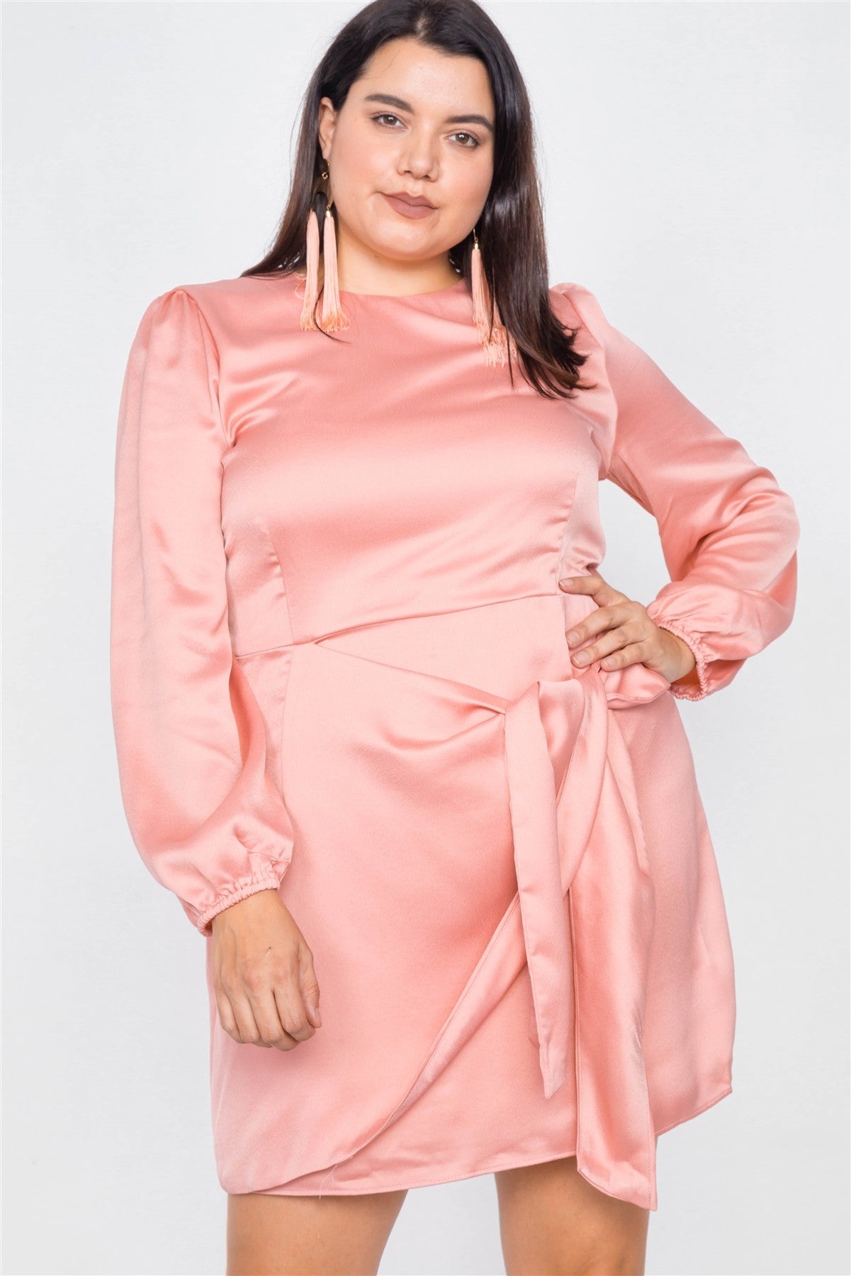 Plus Size Lovely Ladies 100% Polyester Silk Mock Wrap Square Neck Cinched Cuffs Chic Mini Dress (Salmon)