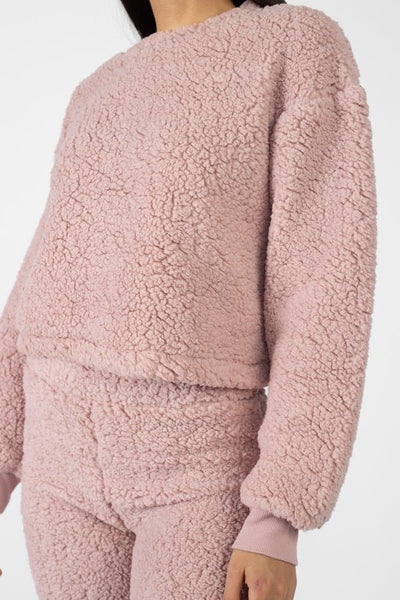 Our Best Faux Fur 100% Polyester Cropped Top & Elasticized Athletic Wear Two Piece Pants Set (Mauve)