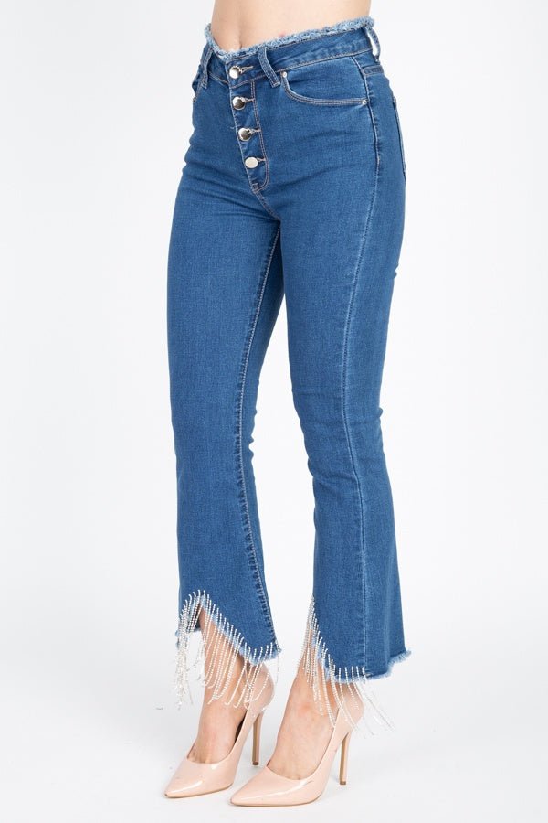Glenda Glitter Glam Cotton Blend Rhinestone Fringed Flared Denim High-Low Hem Jeans (Medium Denim)