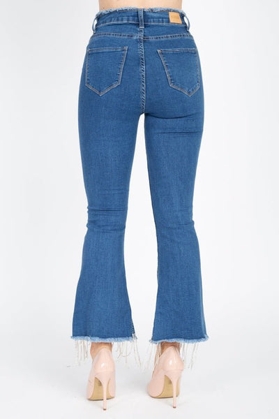 Glenda Glitter Glam Cotton Blend Rhinestone Fringed Flared Denim High-Low Hem Jeans (Medium Denim)