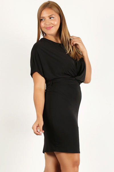 Plus Size Lovely Ladies Nylon/Spandex Blend Solid Color Back Waist Tie Detail Bodycon Midi Dress (Black)