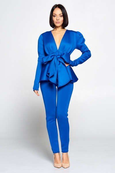 Our Best Long Sleeve Polyester Blend  Deep V-Neckline Top With Waist Tie To Make A Bow Detail Elastic Waist Pants Set (Royal Blue)