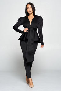Long Sleeve Polyester Blend Deep V-Neckline Top With Waist Tie To Make A Bow Detail Elastic Waist Pants Set (Black)