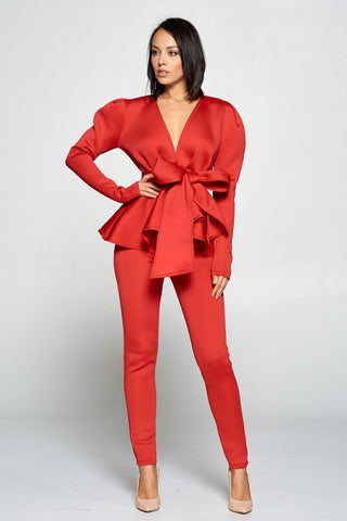 Long Sleeve Polyester Blend Deep V-Neckline Top With Waist Tie To Make A Bow Detail Elastic Waist Pants Set (Red)