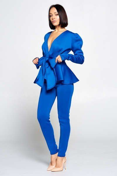 Our Best Long Sleeve Polyester Blend  Deep V-Neckline Top With Waist Tie To Make A Bow Detail Elastic Waist Pants Set (Royal Blue)