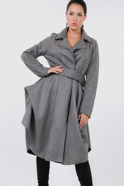 Our Best 97% Polyester 3% Spandex Waist Belt Tacked Faux Suede Coat (Grey)
