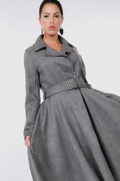 Our Best 97% Polyester 3% Spandex Waist Belt Tacked Faux Suede Coat (Grey)