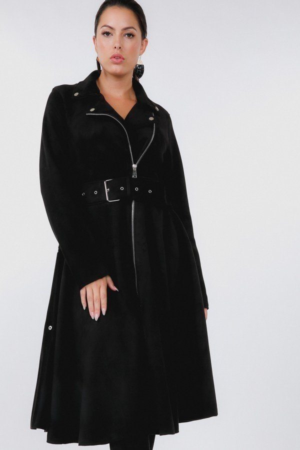 Our Best 97% Polyester 3% Spandex Waist Belt Tacked Faux Suede Coat (Black)