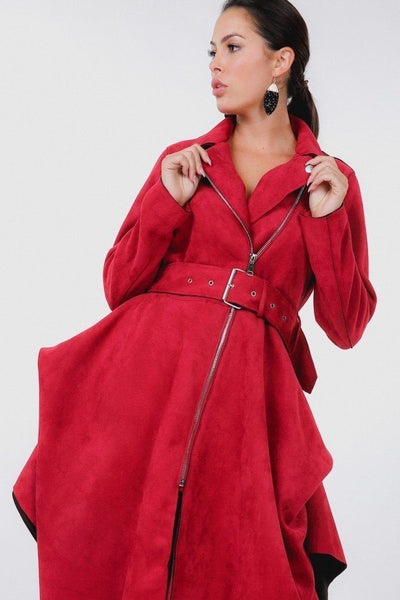 Our Best 97% Polyester 3% Spandex Waist Belt Tacked Faux Suede Coat (Wine)