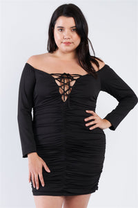 Plus Size Lovely Ladies 100% Polyester Bodycon Off The Shoulder Lace Up Long Sleeve Ruched Mini Dress (Black)