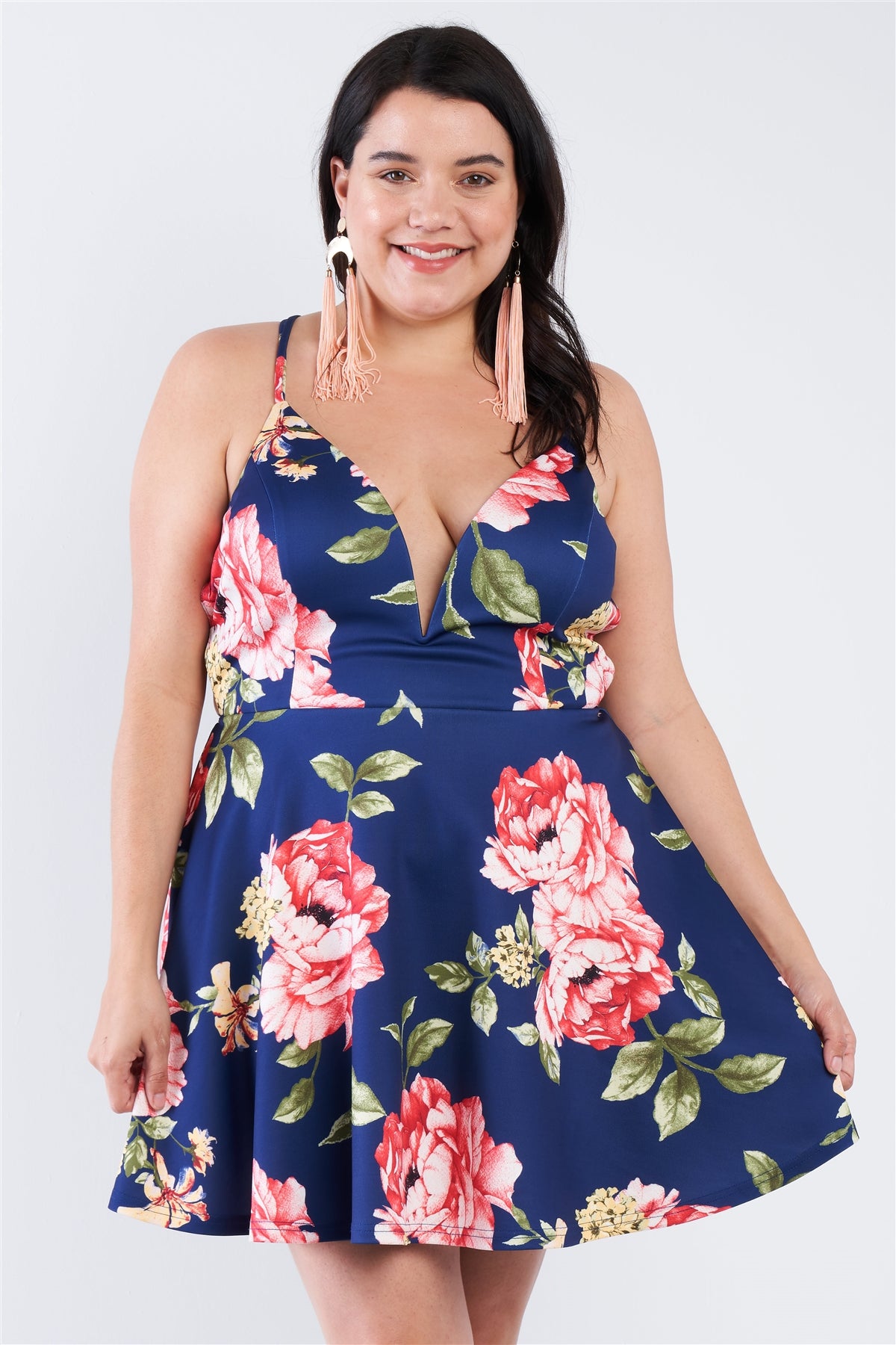 Plus Size Lovely Ladies 95% Polyester 5% Spandex All Over Floral Deep V-neck Open Back Strappy Skater Mini Dress (Navy)