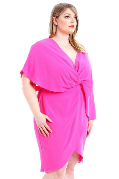 Plus Size Lovely Ladies 94% Polyester 4% Spandex Twist Wrap Waist Tulip Hem Mini Dress (Pink)