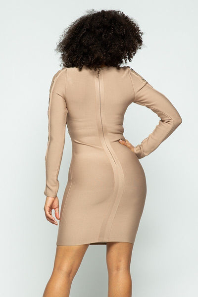 Roxanne Rocks 99% Polyester 1% Spandex Bandage Back Zip Lattice Detail Semi Sheer Mesh Inset Mini Dress (Nude)