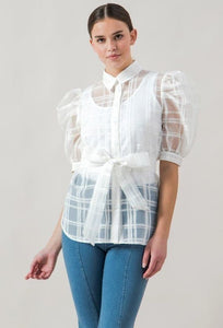 Pippa Puff Sleeve 100% Polyester Mesh Detail Mini Length Organza Top Shirt Collar Puff Sleeves Button Down Sash Tie Top (White)