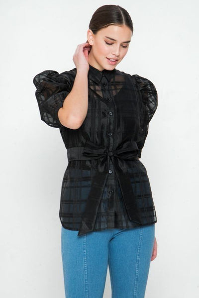 Pippa Puff Sleeve 100% Polyester Mesh Detail Mini Length Organza Top Shirt Collar Puff Sleeves Button Down Sash Tie Top (Black)
