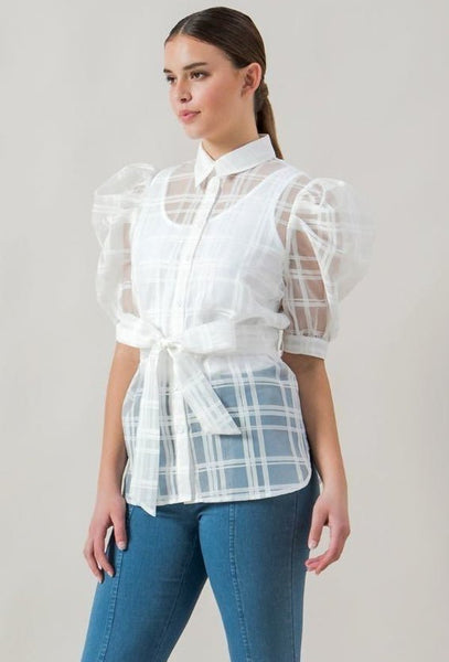 Pippa Puff Sleeve 100% Polyester Mesh Detail Mini Length Organza Top Shirt Collar Puff Sleeves Button Down Sash Tie Top (White)