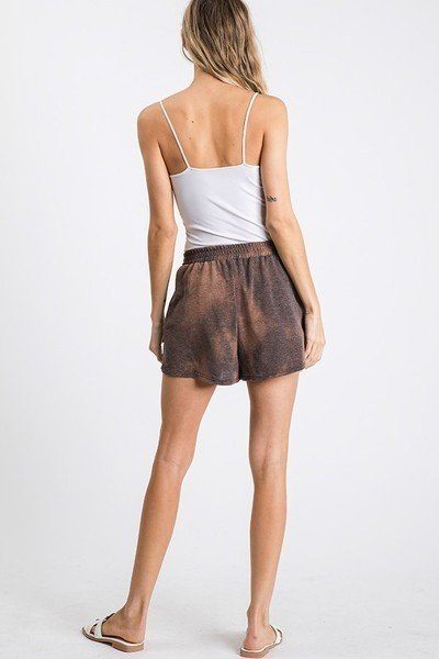 Our Best Tie Dyed 62% Polyester 34% Rayon 2% Spandex Drawstring Waist Mini Shorts (Mocha)