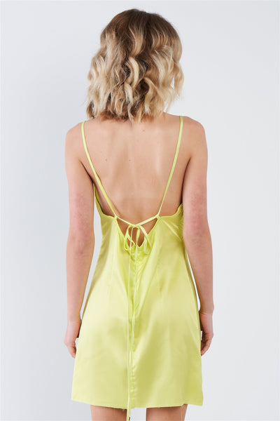 Our Best 92% Polyester 8% Spandex Sleeveless Semi-Sheer Retro Chic Lace Trim Raw Hem Criss-Cross Back Mini Dress (Neon Lime)